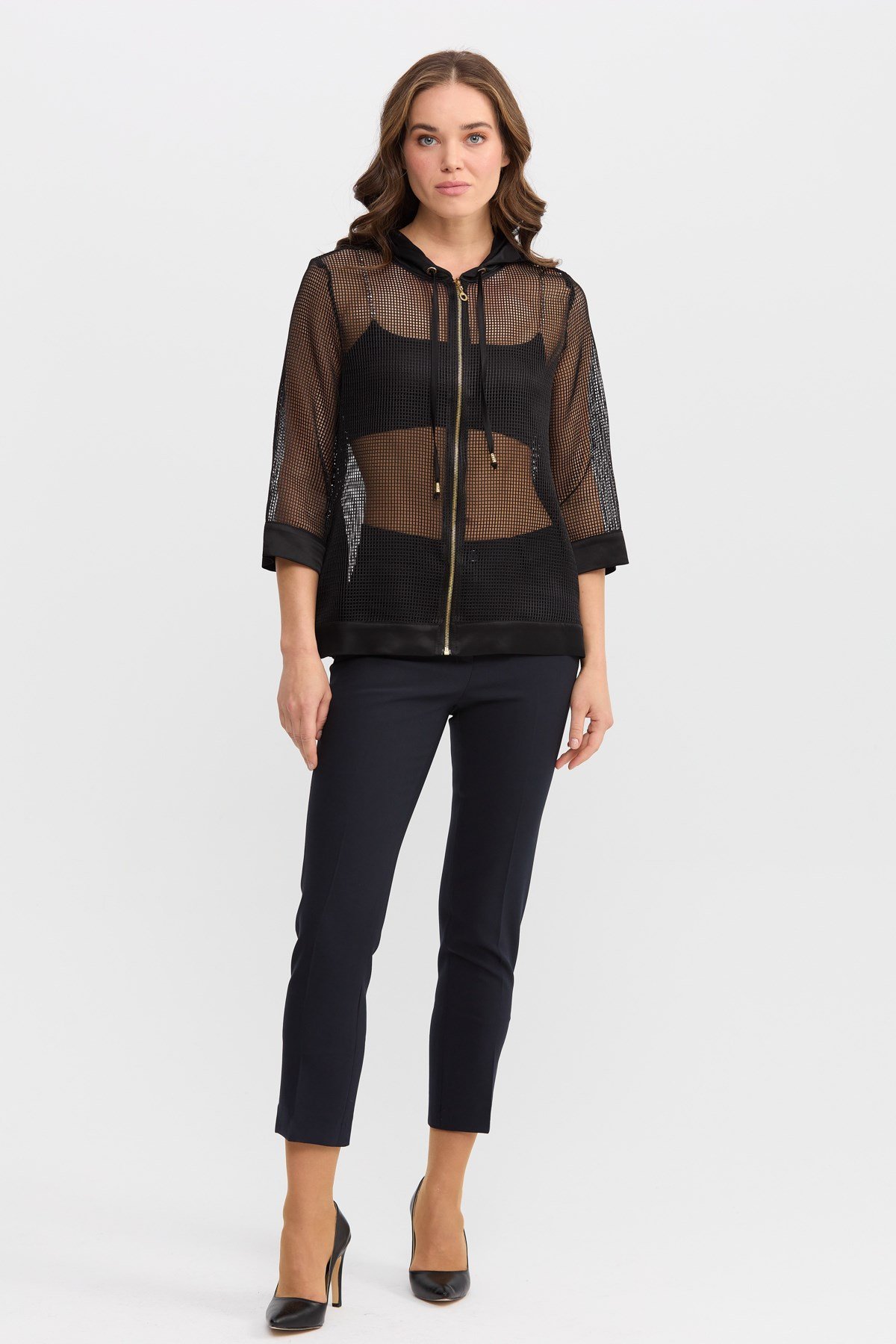 22817Kadın Kapüşonlu File Kumaş Ceket Siyah