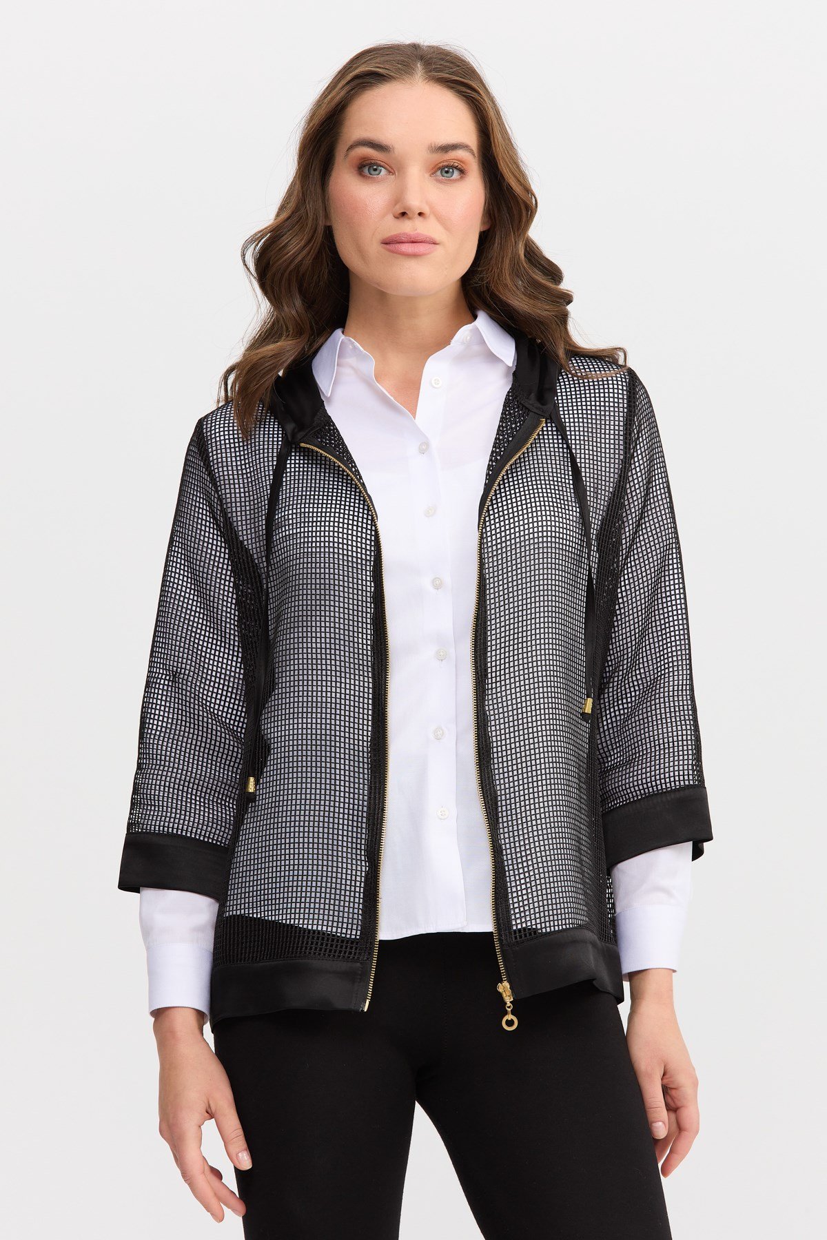 22817Kadın Kapüşonlu File Kumaş Ceket Siyah