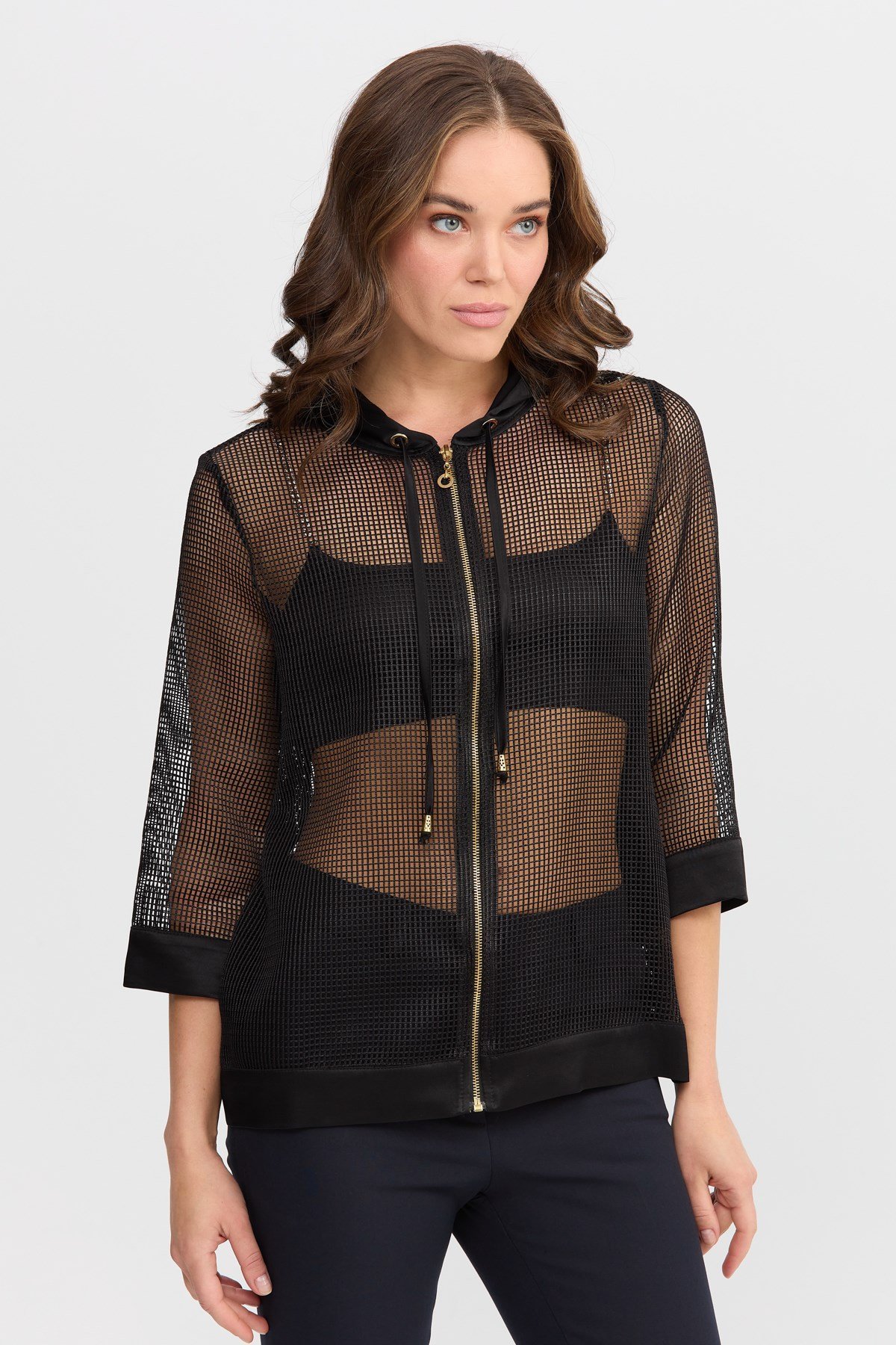 22817Kadın Kapüşonlu File Kumaş Ceket Siyah