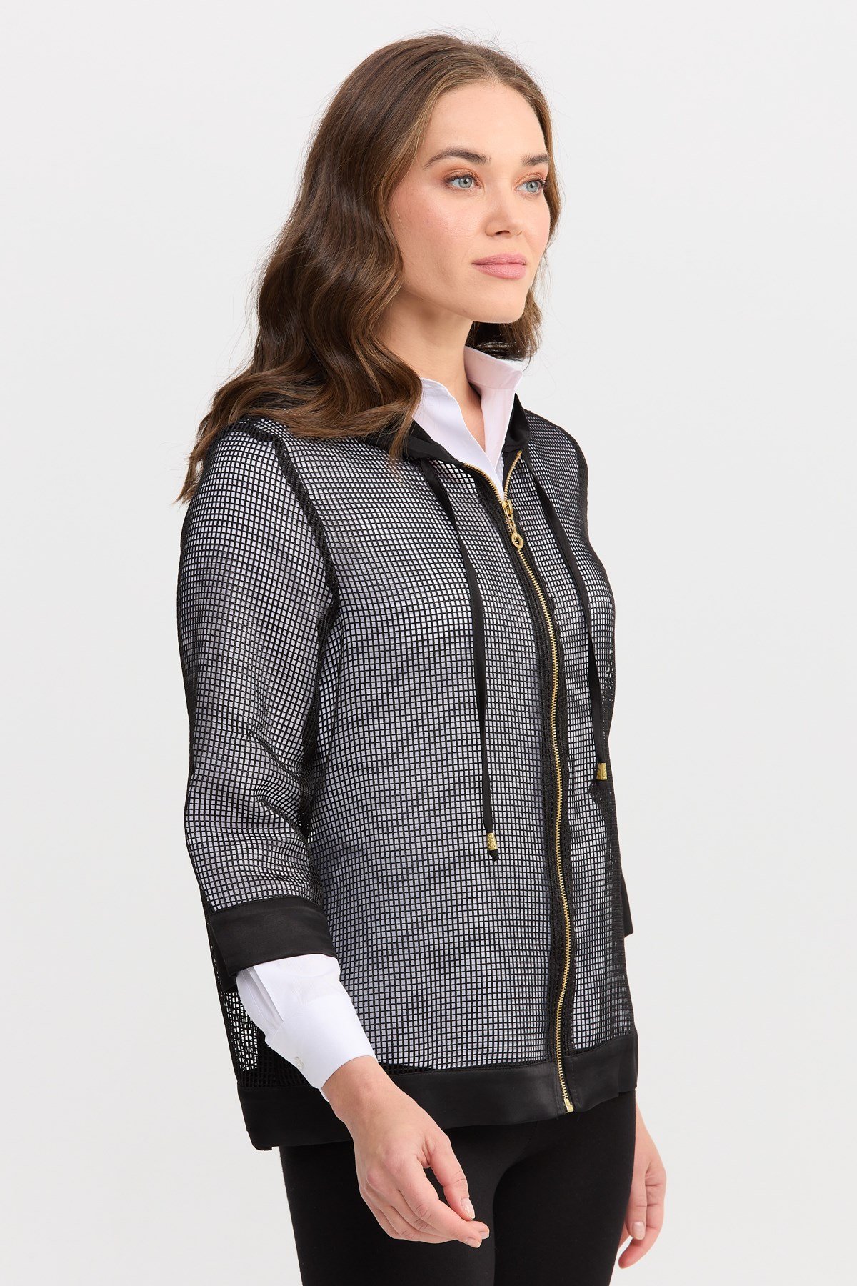 22817Kadın Kapüşonlu File Kumaş Ceket Siyah