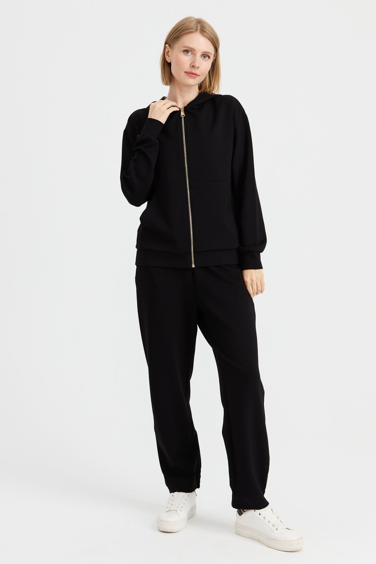 KMK23005Kadın Kapüşonlu Fileli Yan Cepli Sweat Siyah