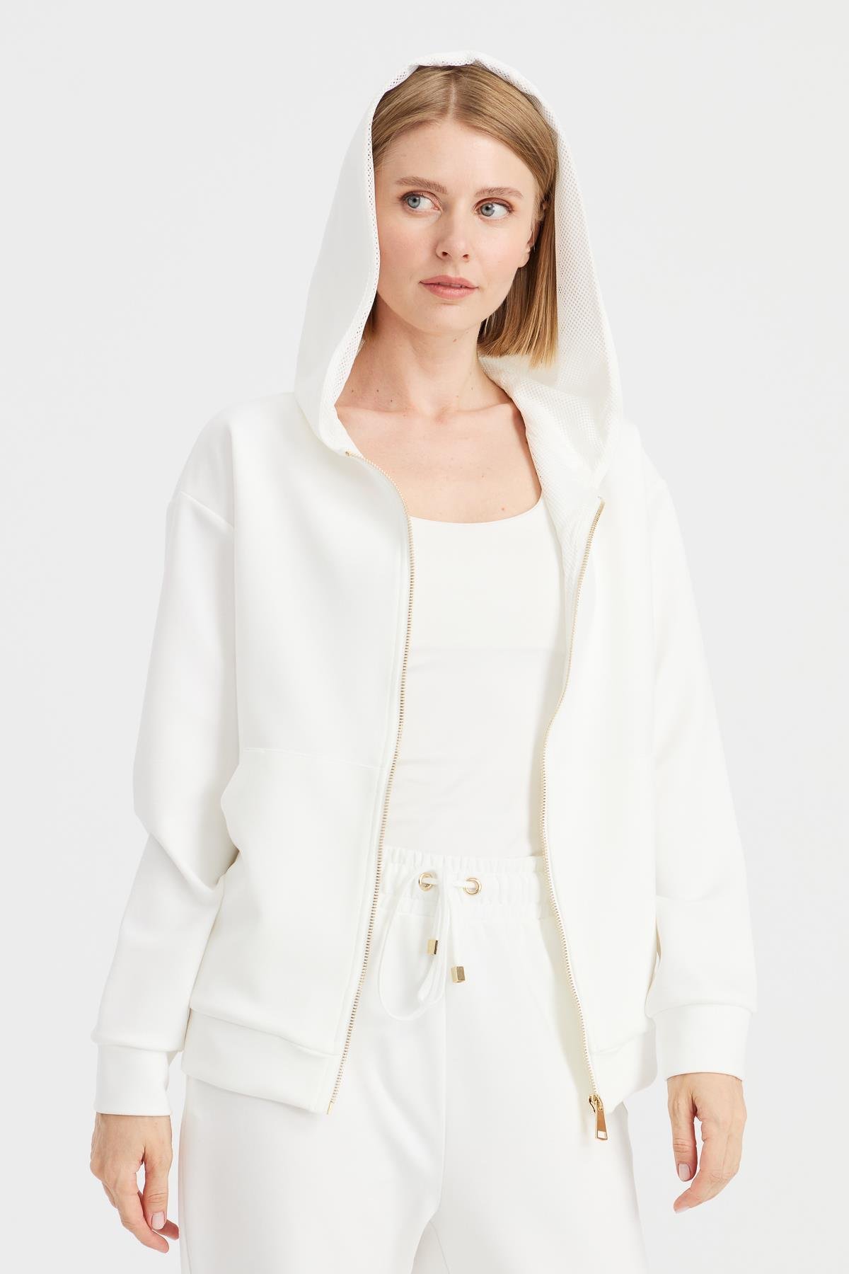 KMK23005Kadın Kapüşonlu Fileli Yan Cepli Sweat Beyaz
