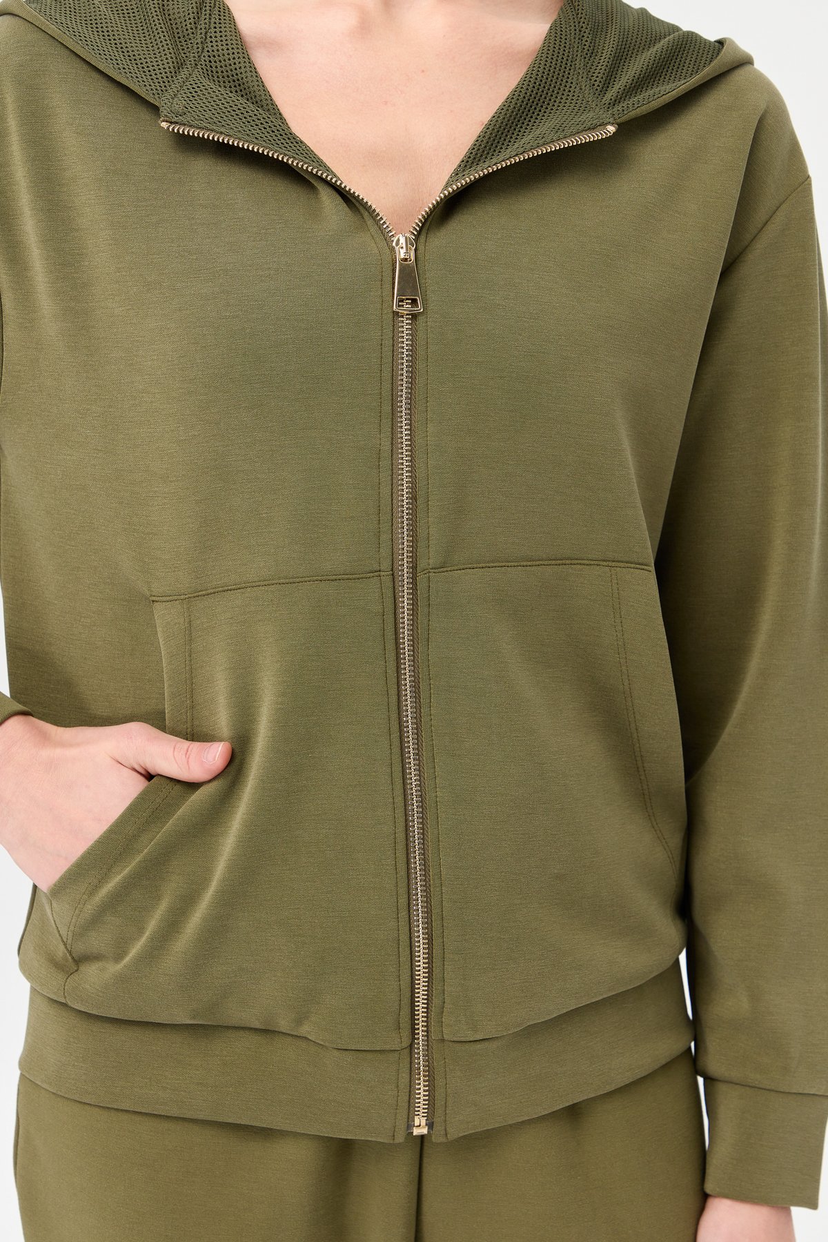 KMK23005Kadın Kapüşonlu Fileli Yan Cepli Sweat Haki