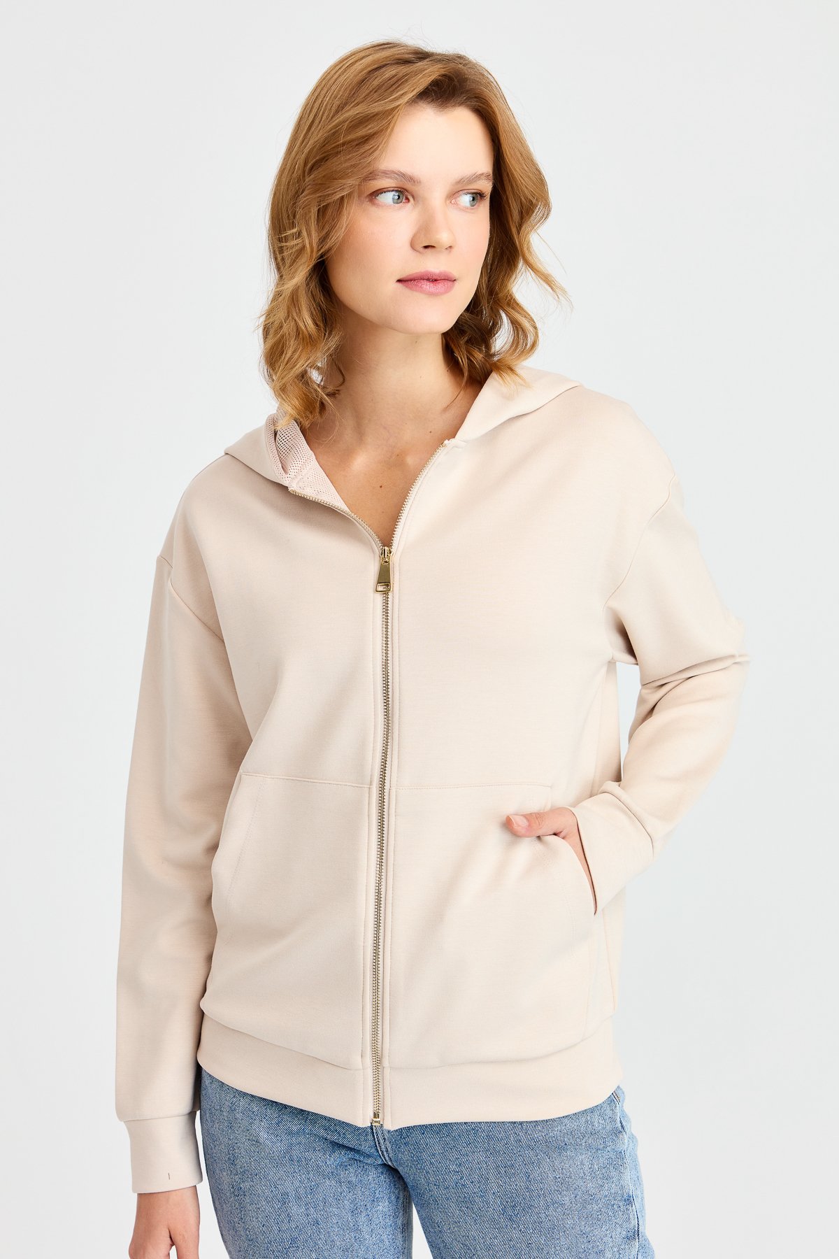 KMK23005Женский сетчатый свитер с капюшоном и боковыми карманами