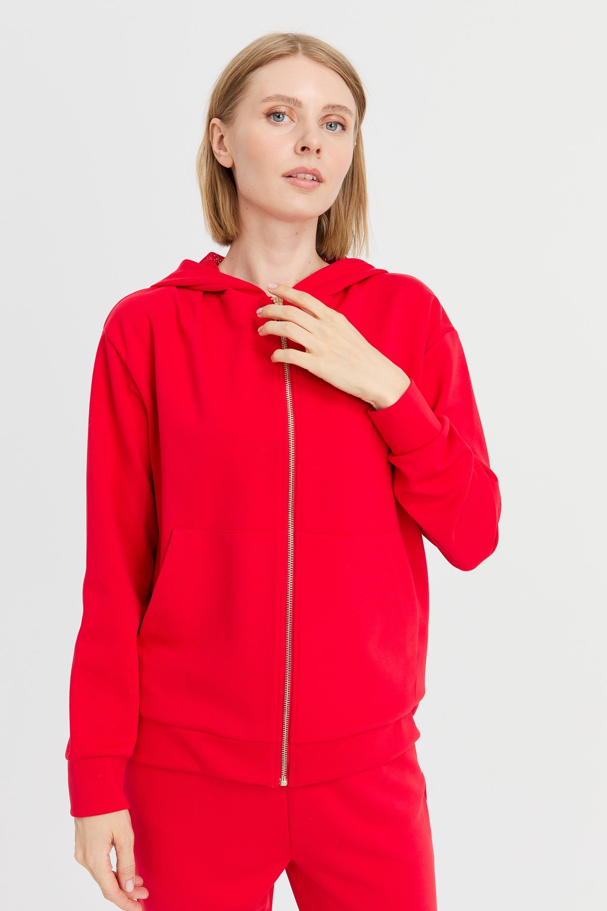 KMK23005Kadın Kapüşonlu Fileli Yan Cepli Sweat Kırmızı