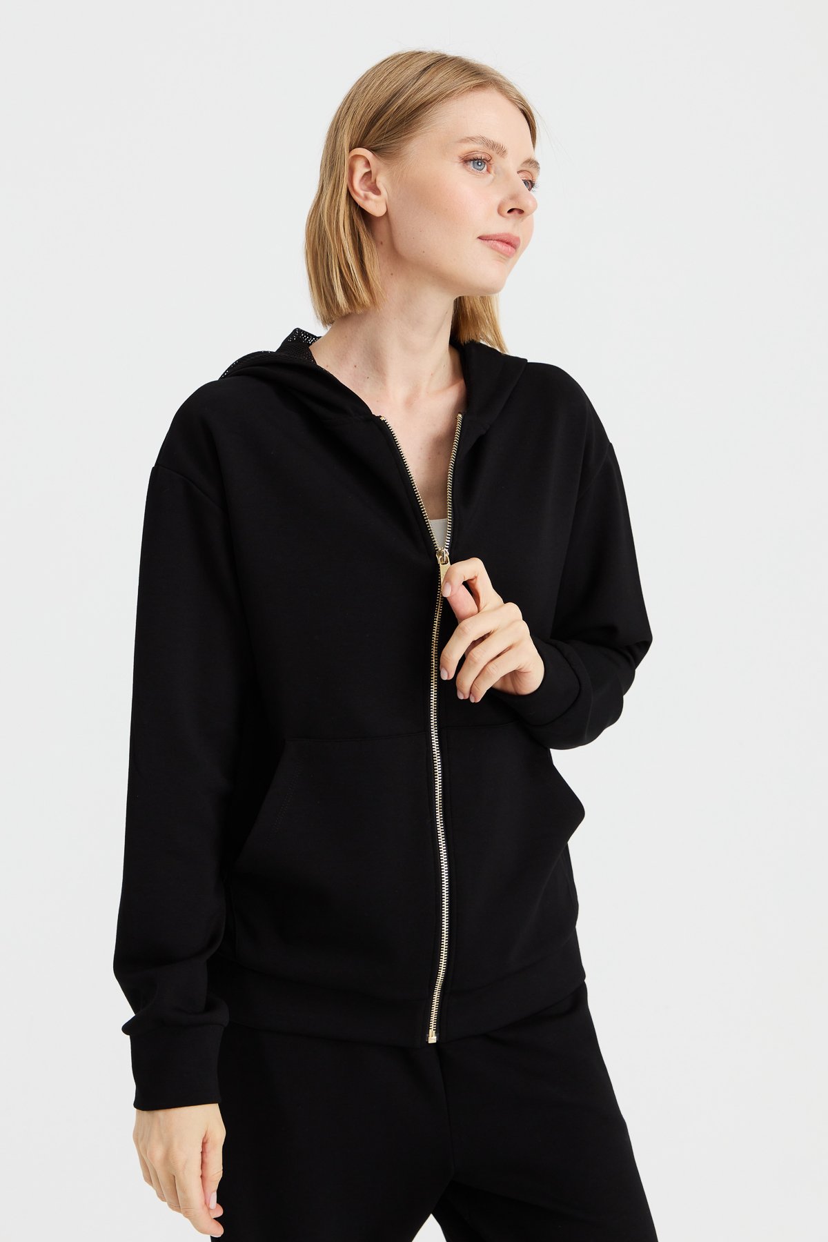 KMK23005Kadın Kapüşonlu Fileli Yan Cepli Sweat Siyah