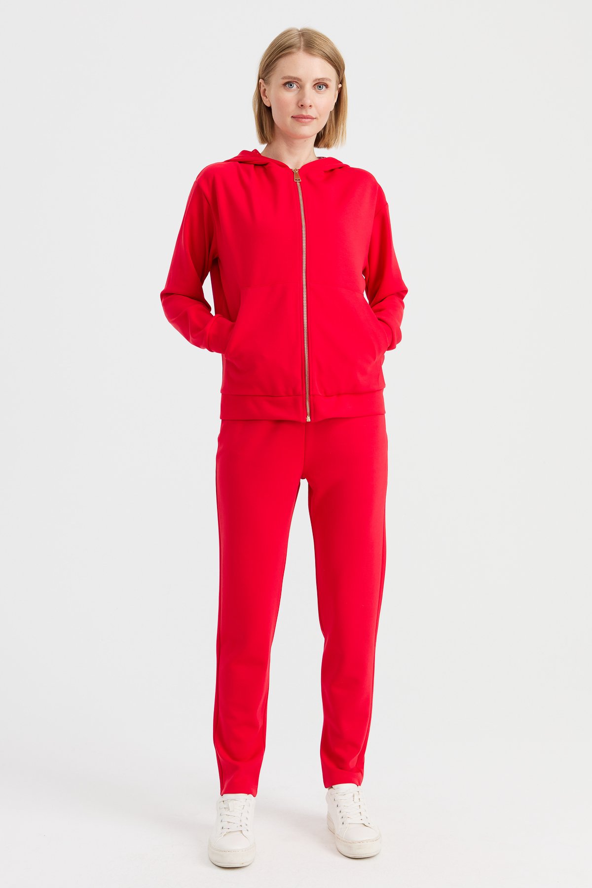 KMK23005Kadın Kapüşonlu Fileli Yan Cepli Sweat Kırmızı