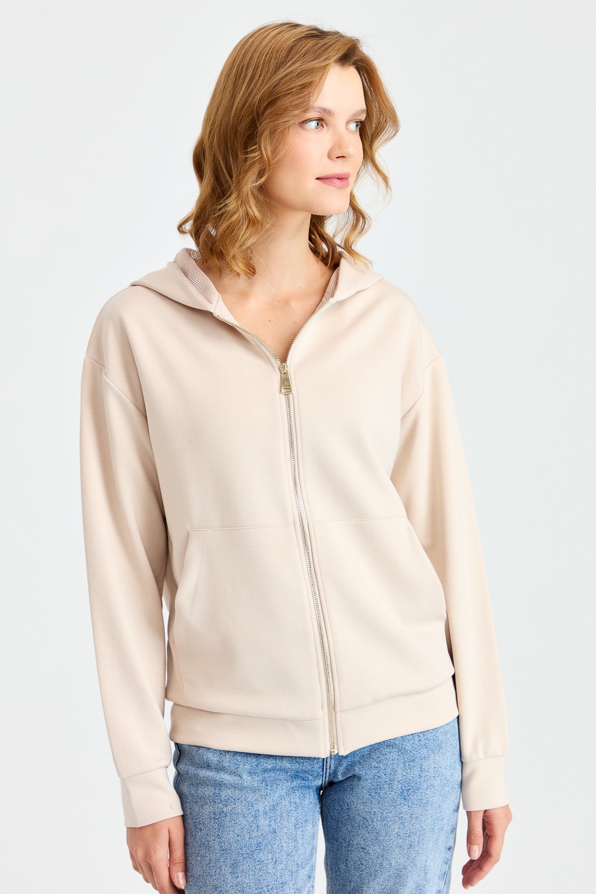 KMK23005Женский сетчатый свитер с капюшоном и боковыми карманами