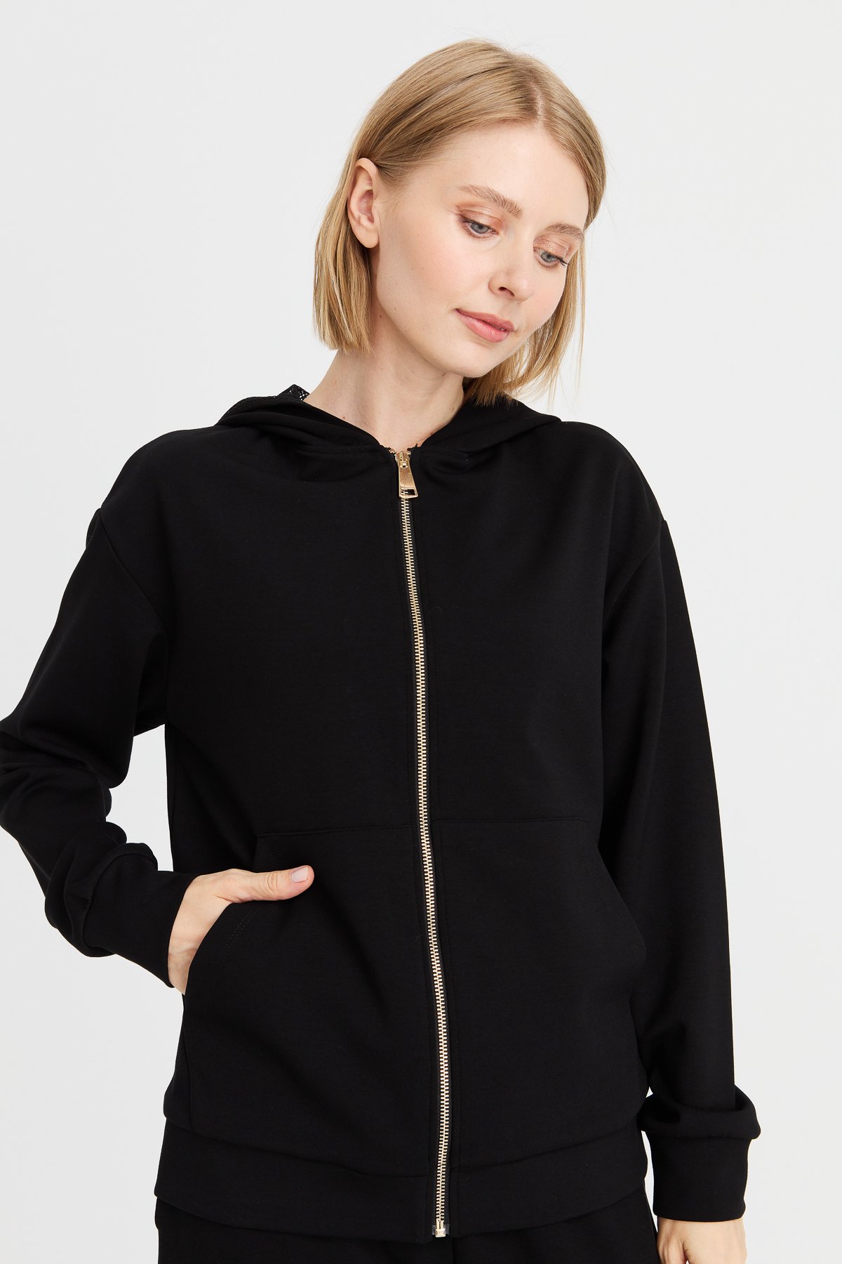 KMK23005Kadın Kapüşonlu Fileli Yan Cepli Sweat Siyah