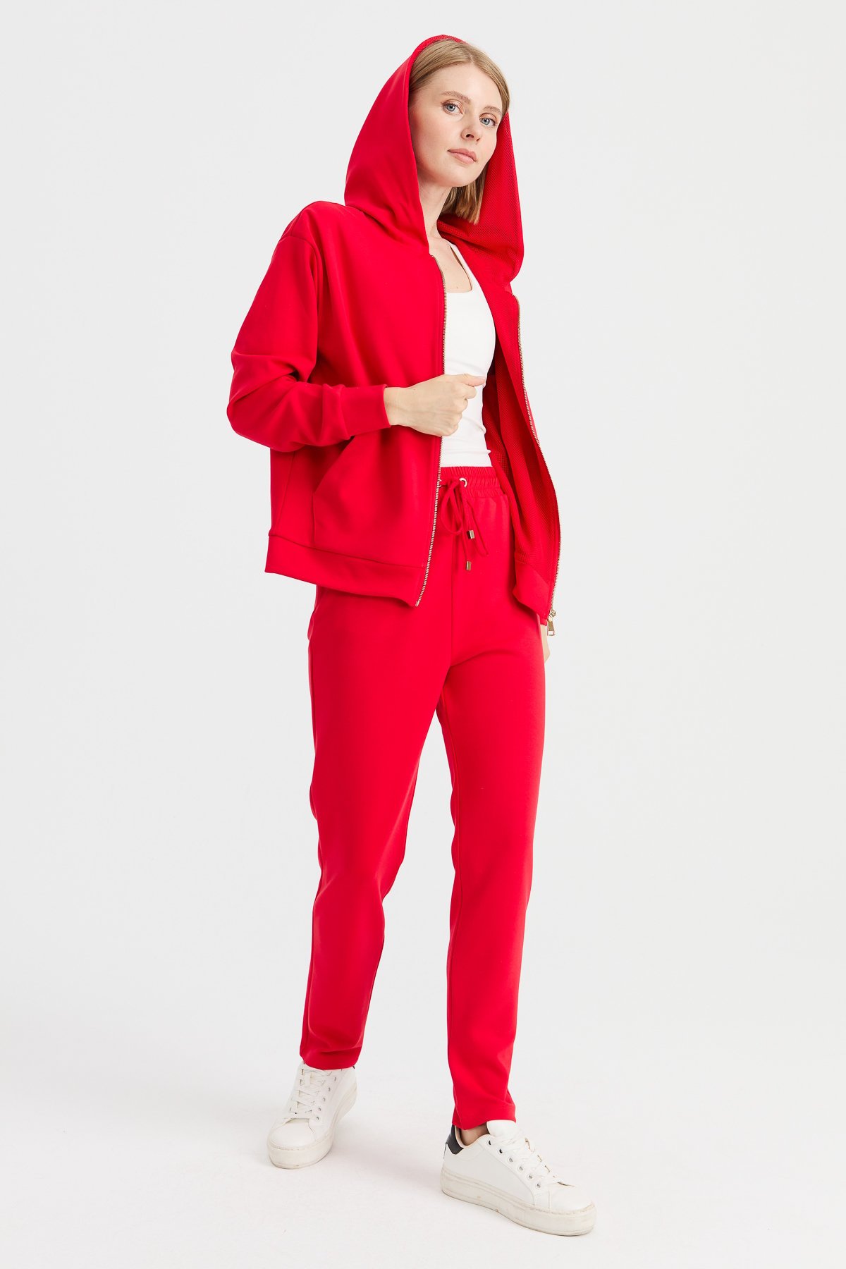 KMK23005Kadın Kapüşonlu Fileli Yan Cepli Sweat Kırmızı