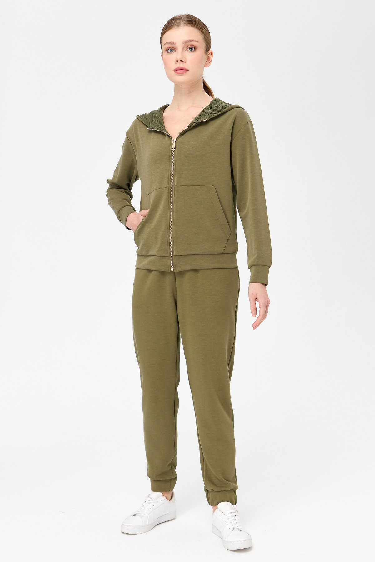 KMK23005Kadın Kapüşonlu Fileli Yan Cepli Sweat Haki