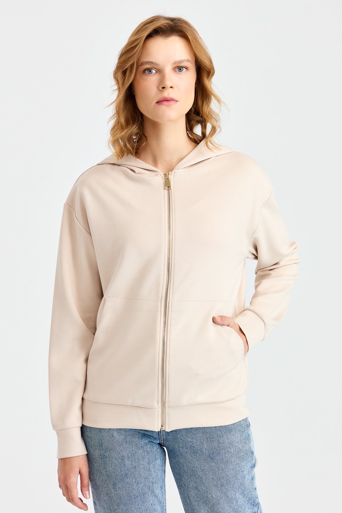 KMK23005Женский сетчатый свитер с капюшоном и боковыми карманами