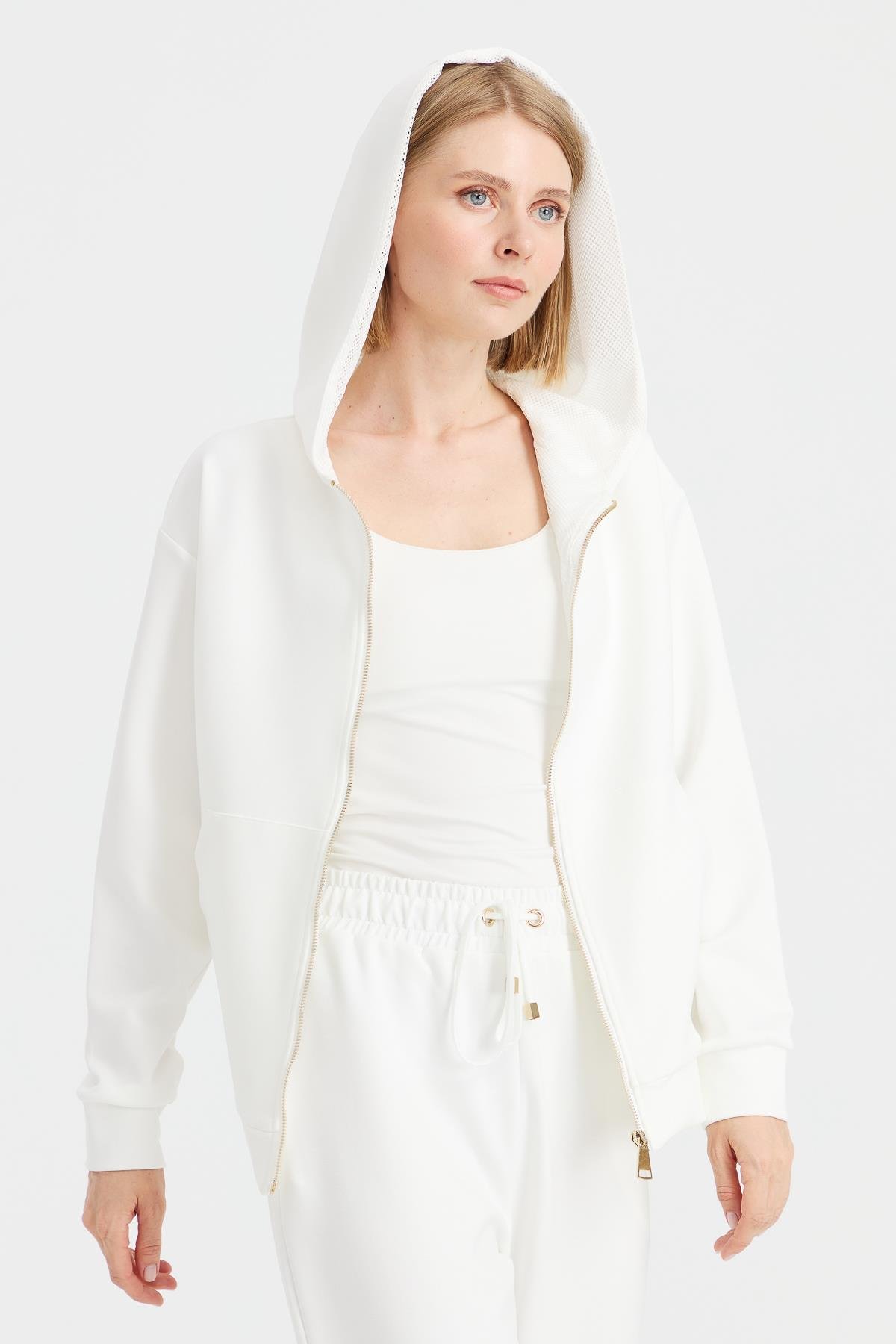 KMK23005Kadın Kapüşonlu Fileli Yan Cepli Sweat Beyaz