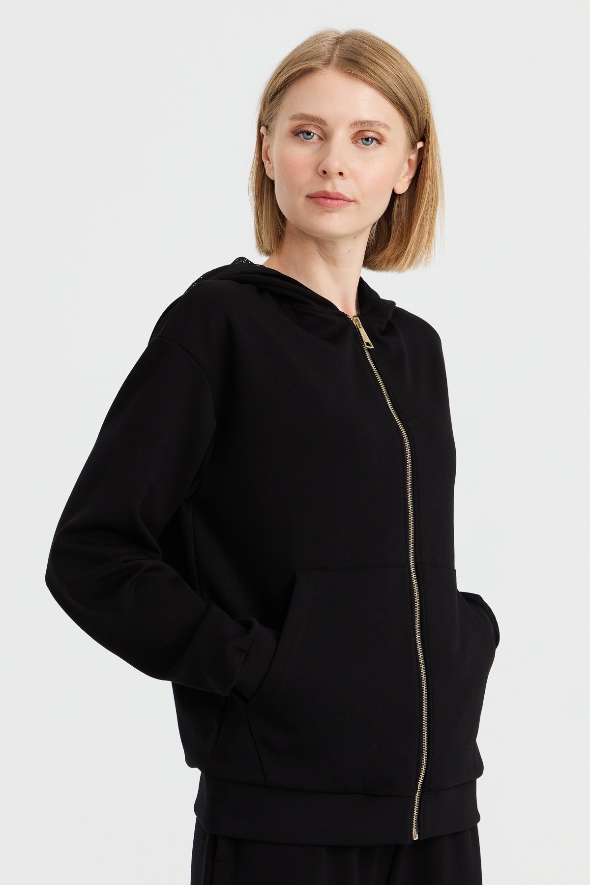 KMK23005Kadın Kapüşonlu Fileli Yan Cepli Sweat Siyah