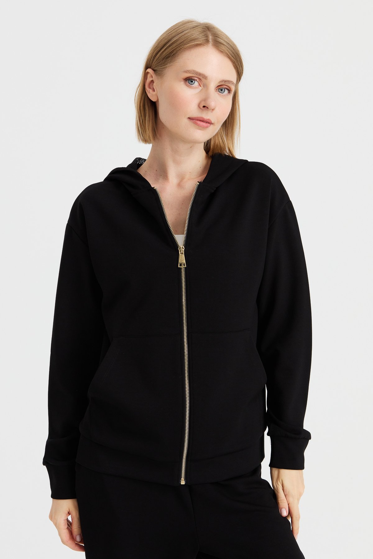 KMK23005Kadın Kapüşonlu Fileli Yan Cepli Sweat Siyah