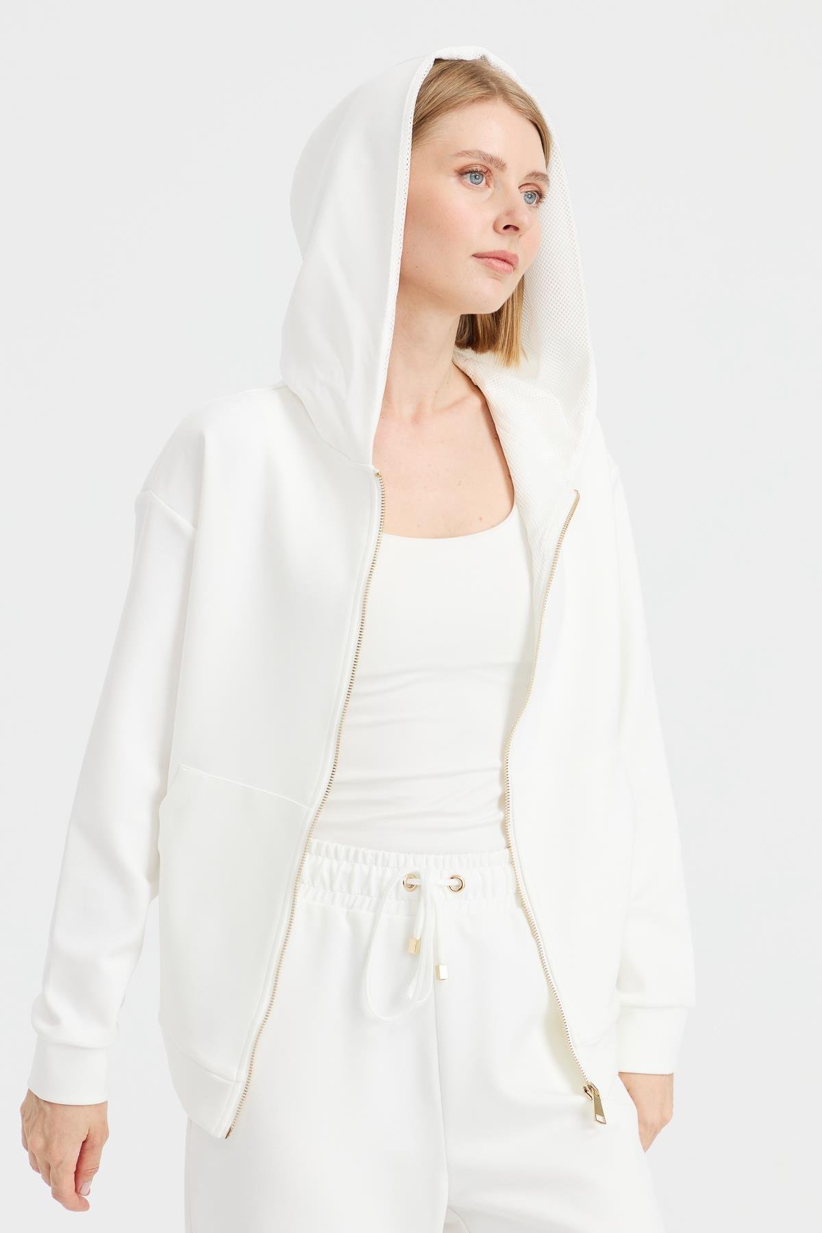 KMK23005Kadın Kapüşonlu Fileli Yan Cepli Sweat Beyaz