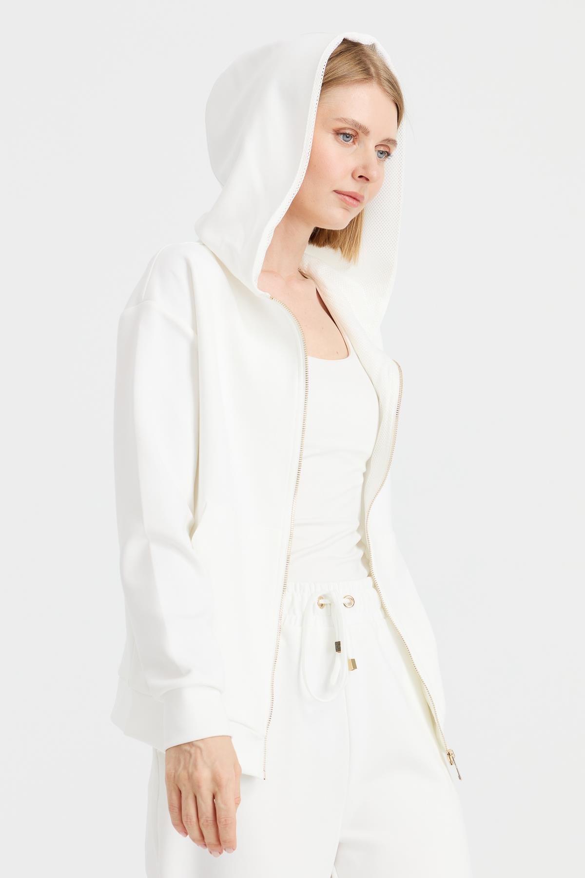 KMK23005Kadın Kapüşonlu Fileli Yan Cepli Sweat Beyaz