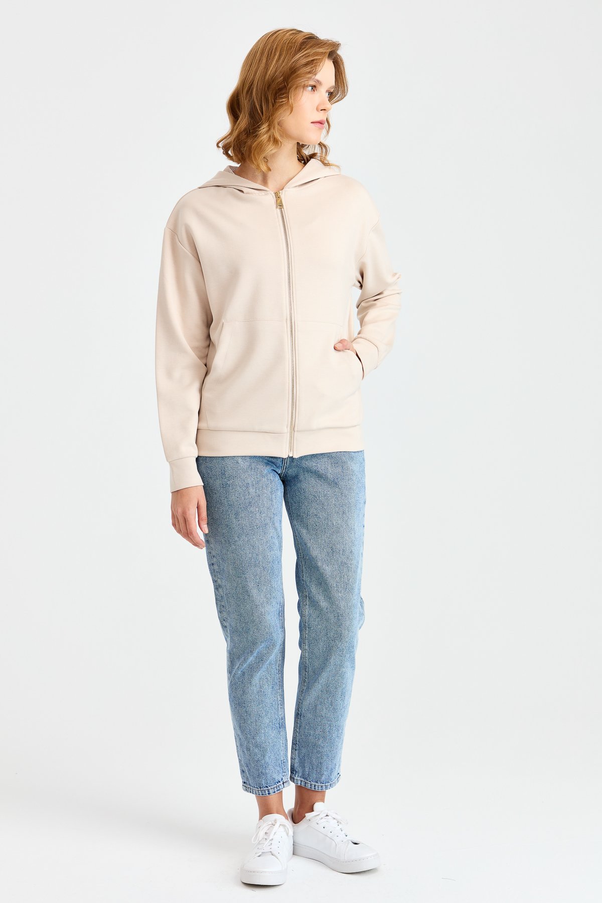 KMK23005Женский сетчатый свитер с капюшоном и боковыми карманами