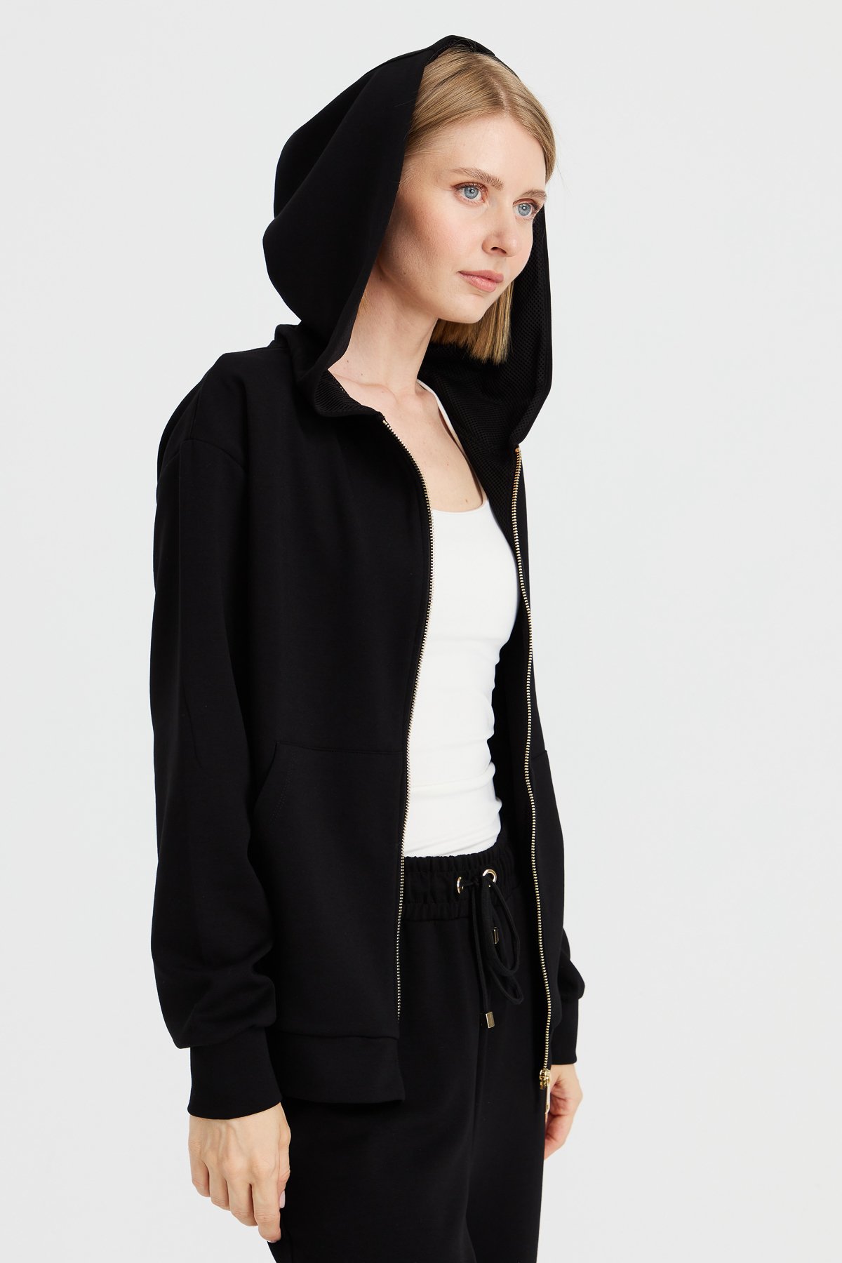 KMK23005Kadın Kapüşonlu Fileli Yan Cepli Sweat Siyah