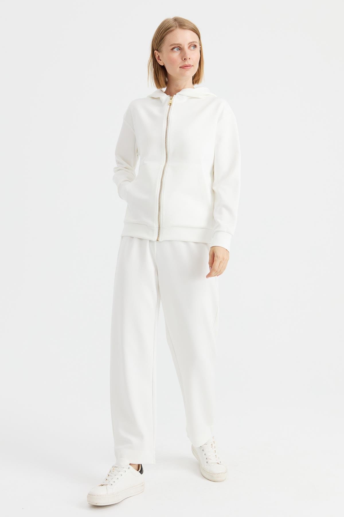 KMK23005Kadın Kapüşonlu Fileli Yan Cepli Sweat Beyaz