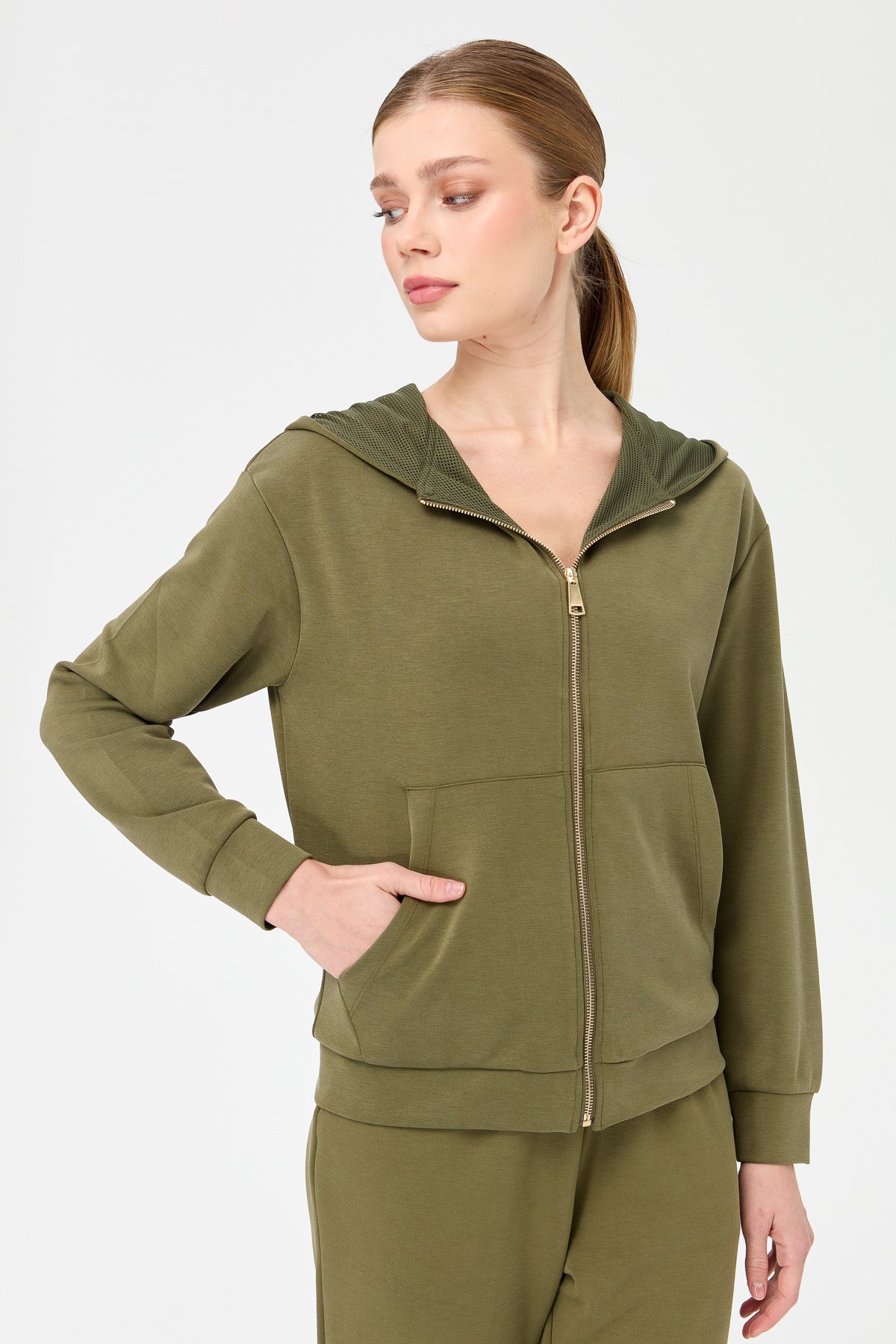 KMK23005Kadın Kapüşonlu Fileli Yan Cepli Sweat Haki