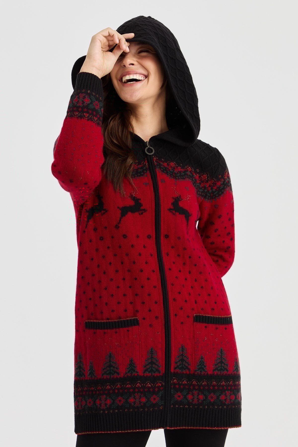 23221Kadın Kapüşonlu Geyik Desenli Yün Hırka Siyah