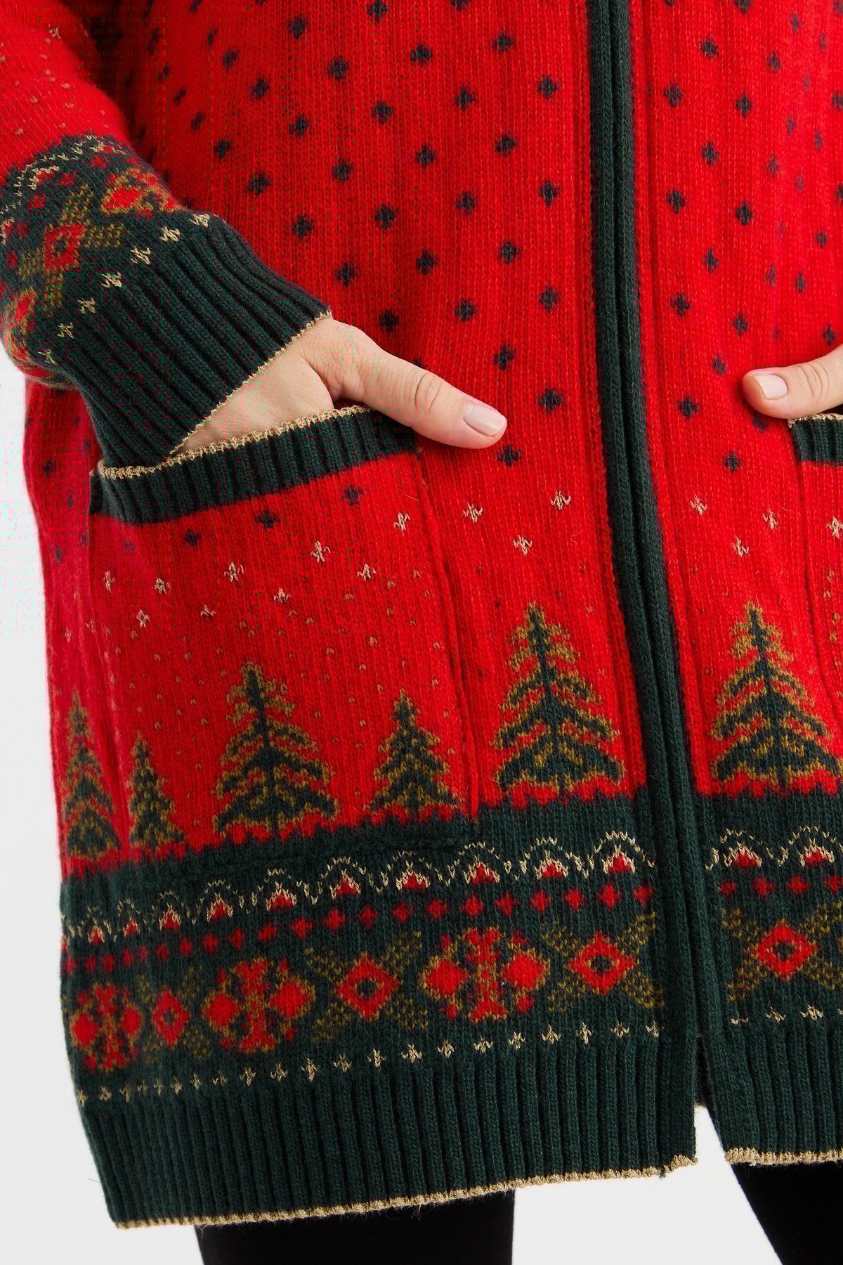 23221Kadın Kapüşonlu Geyik Desenli Yün Hırka Mercan