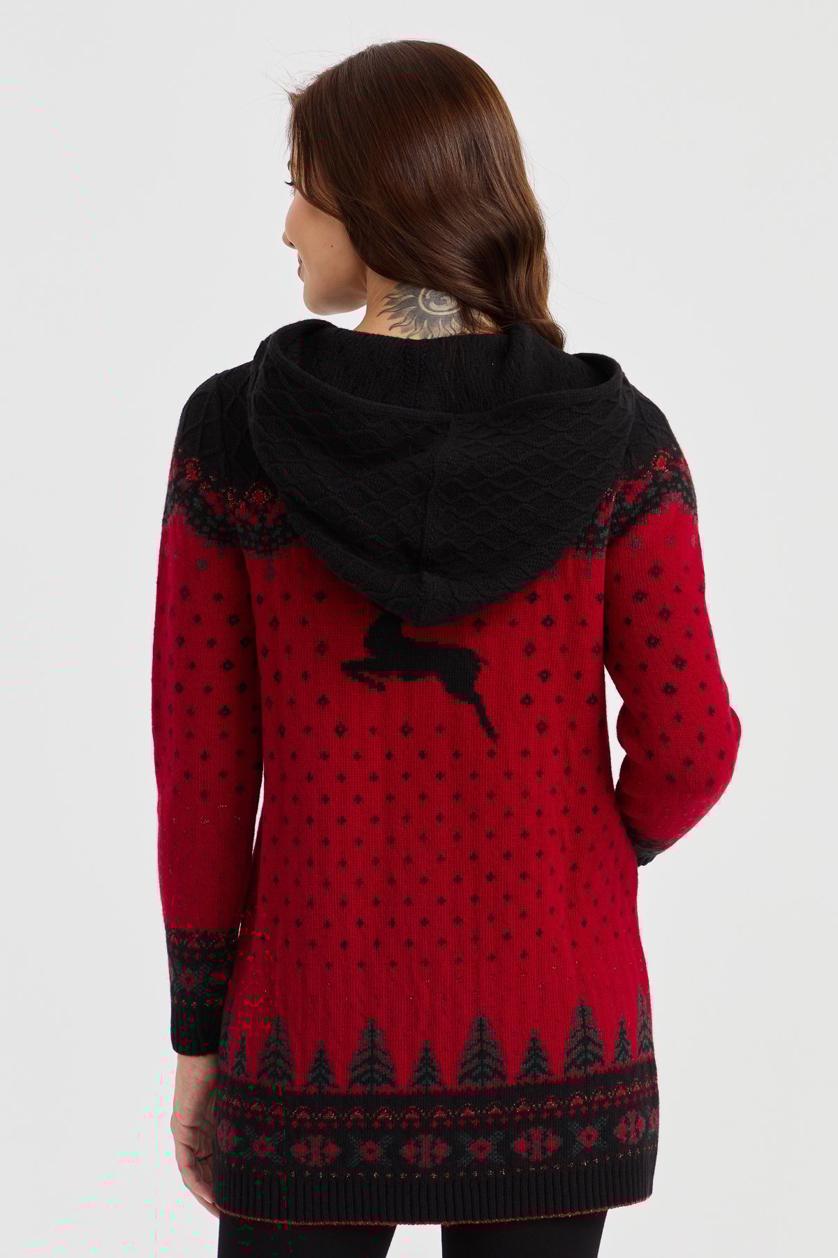 23221Kadın Kapüşonlu Geyik Desenli Yün Hırka Siyah