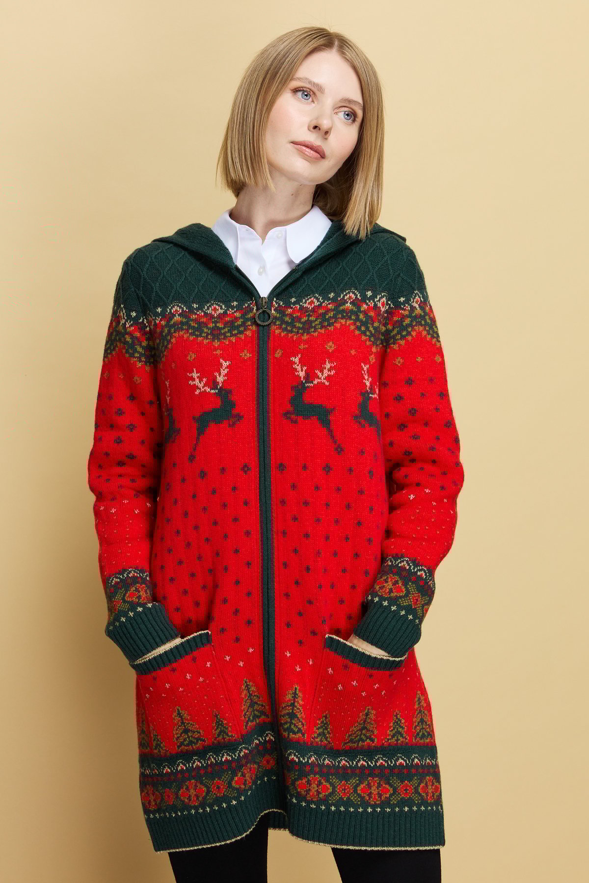 23221Kadın Kapüşonlu Geyik Desenli Yün Hırka Mercan