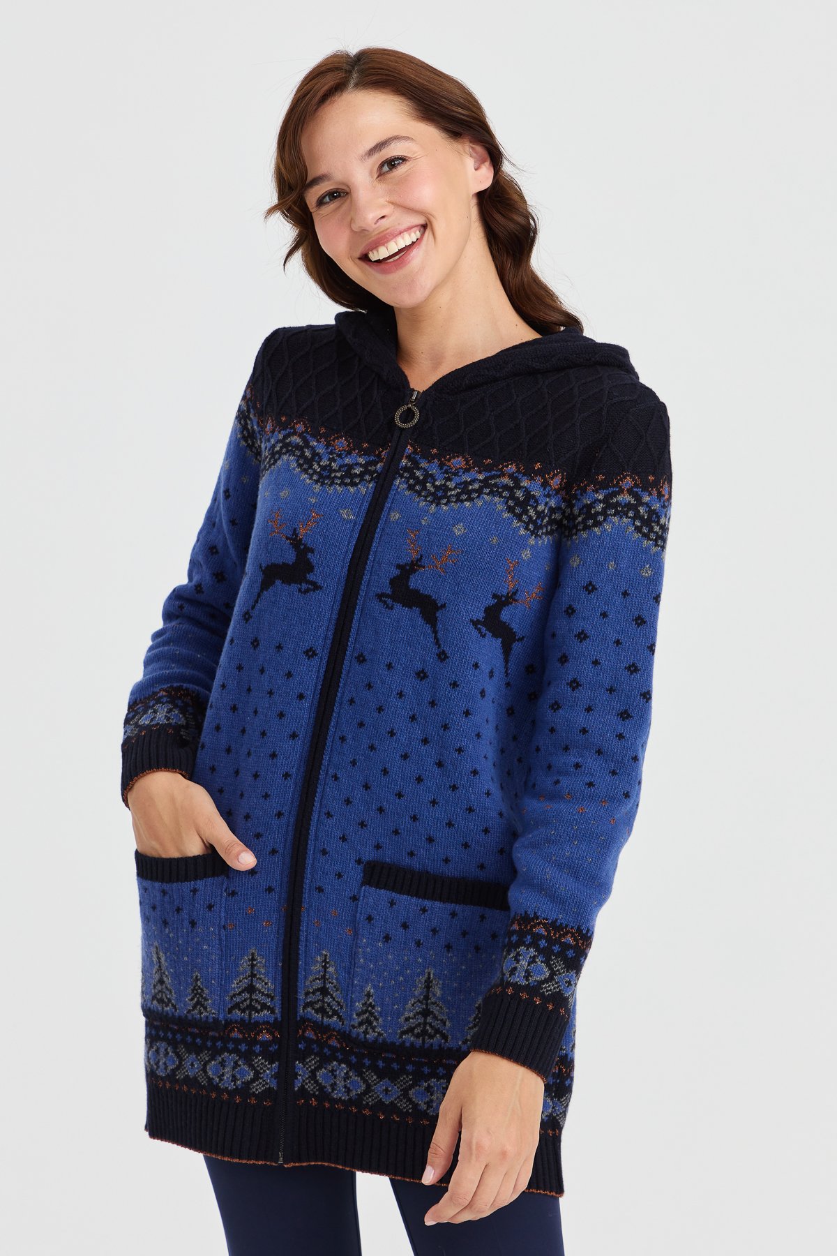 23221Kadın Kapüşonlu Geyik Desenli Yün Hırka K.Lacivert