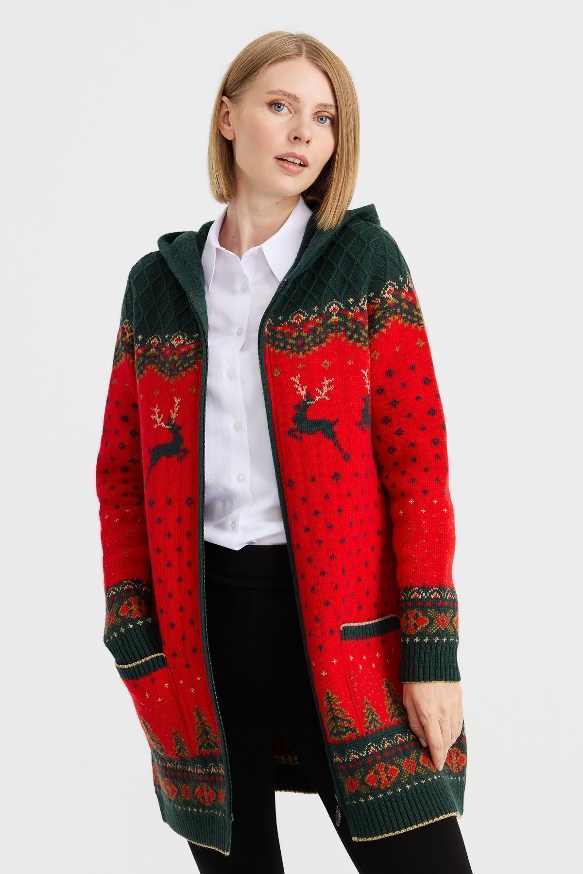 23221Kadın Kapüşonlu Geyik Desenli Yün Hırka Mercan