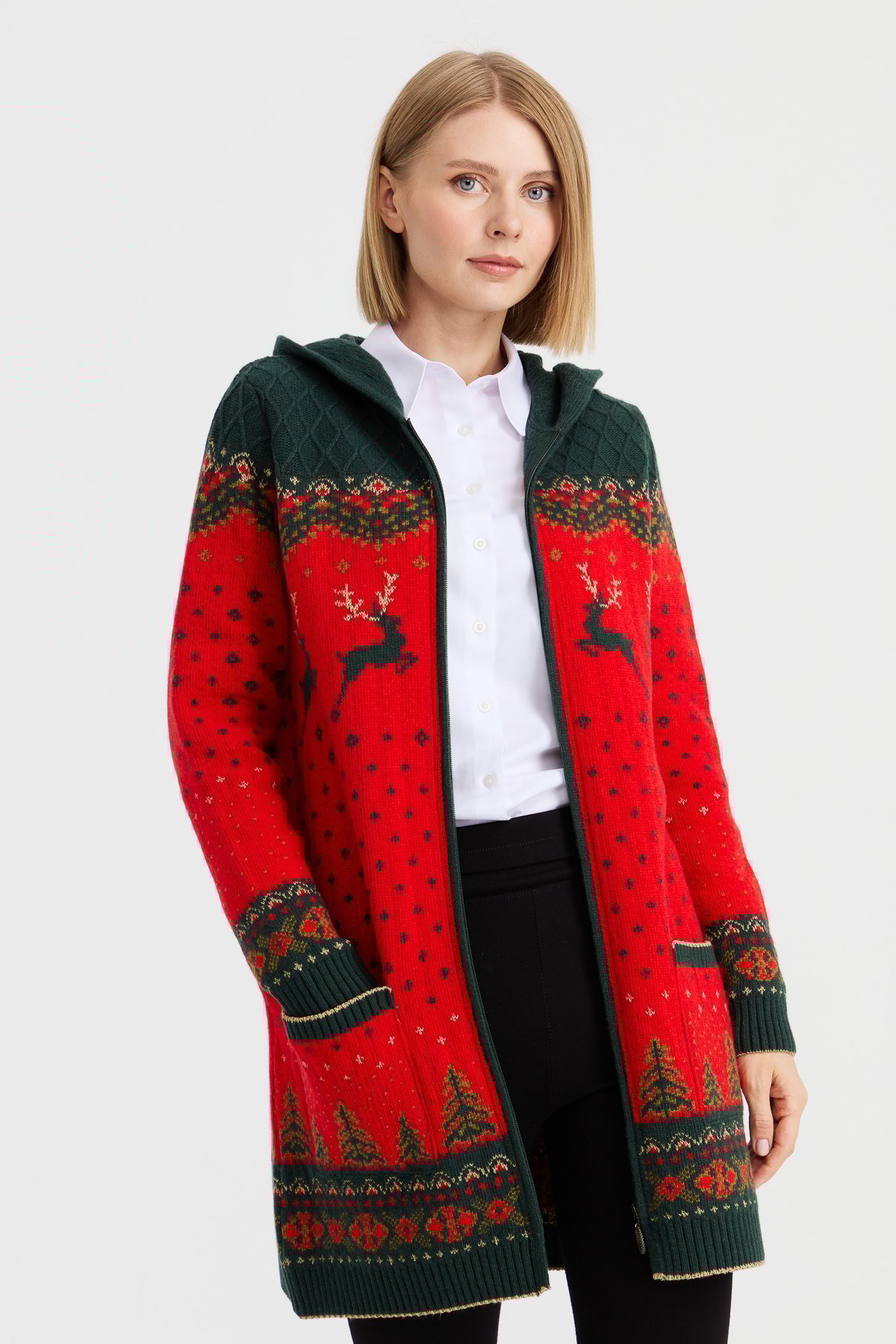 23221Kadın Kapüşonlu Geyik Desenli Yün Hırka Mercan