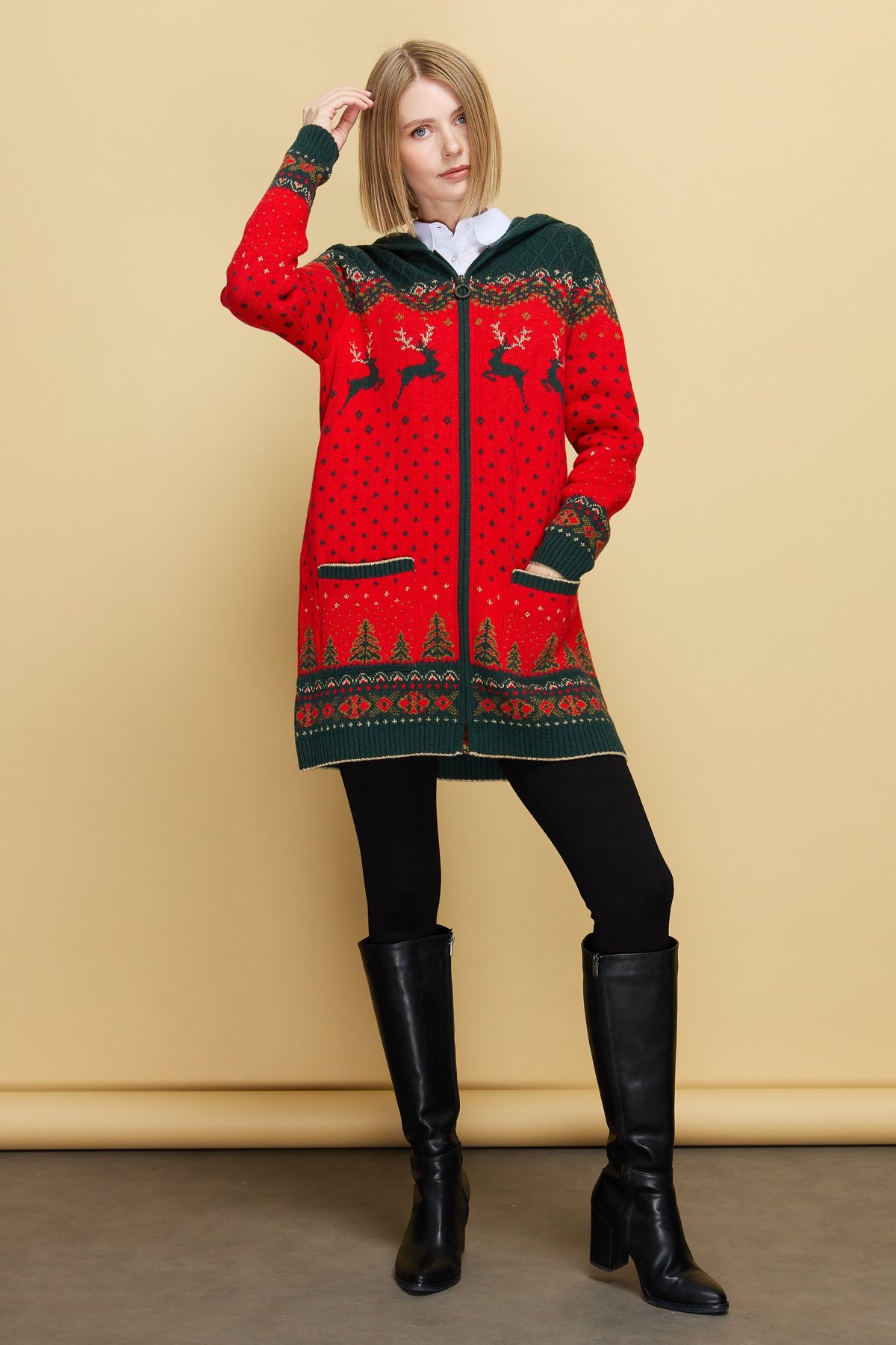 23221Kadın Kapüşonlu Geyik Desenli Yün Hırka Mercan