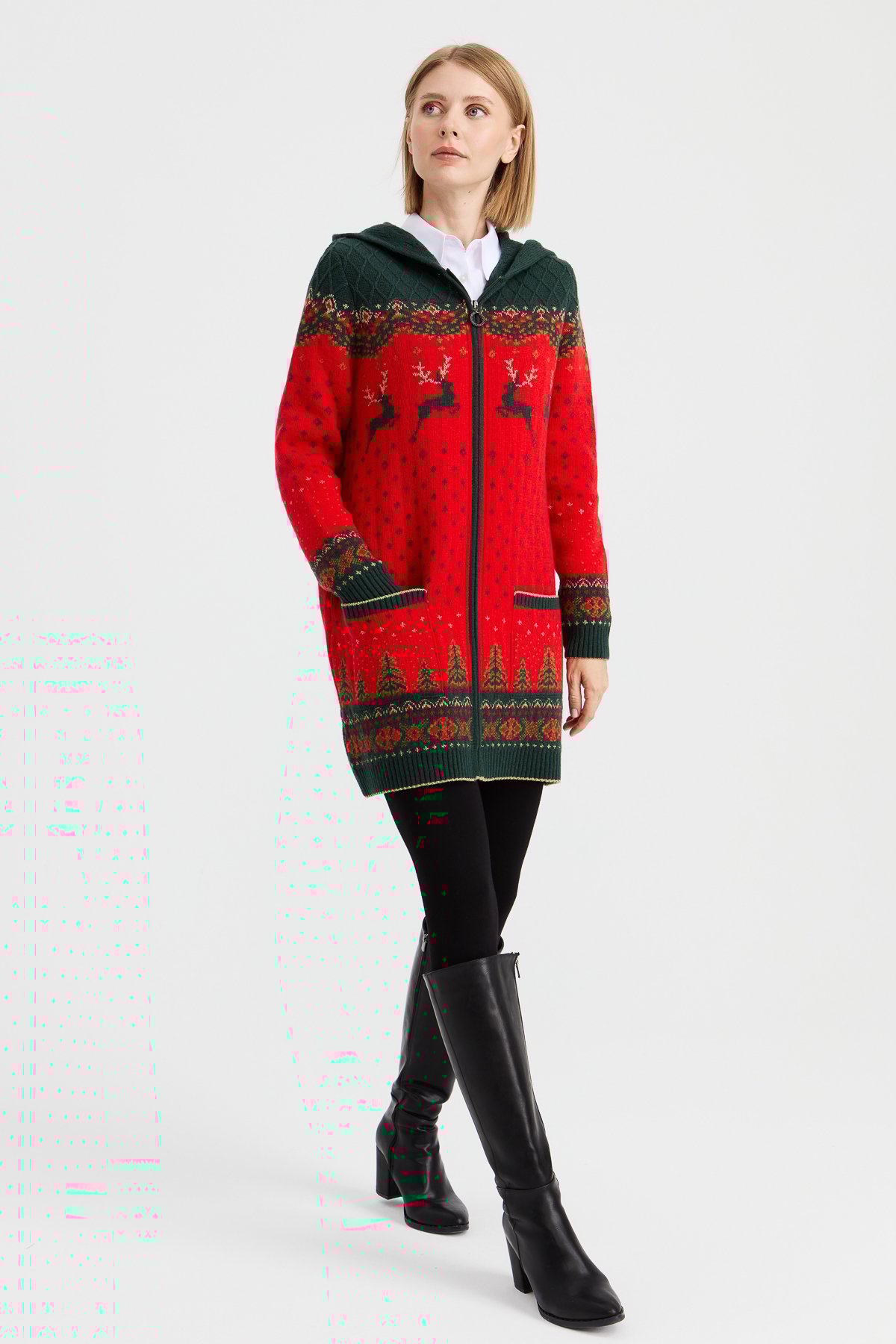 23221Kadın Kapüşonlu Geyik Desenli Yün Hırka Mercan