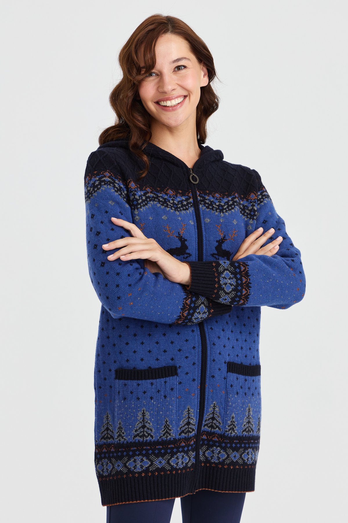 23221Kadın Kapüşonlu Geyik Desenli Yün Hırka K.Lacivert