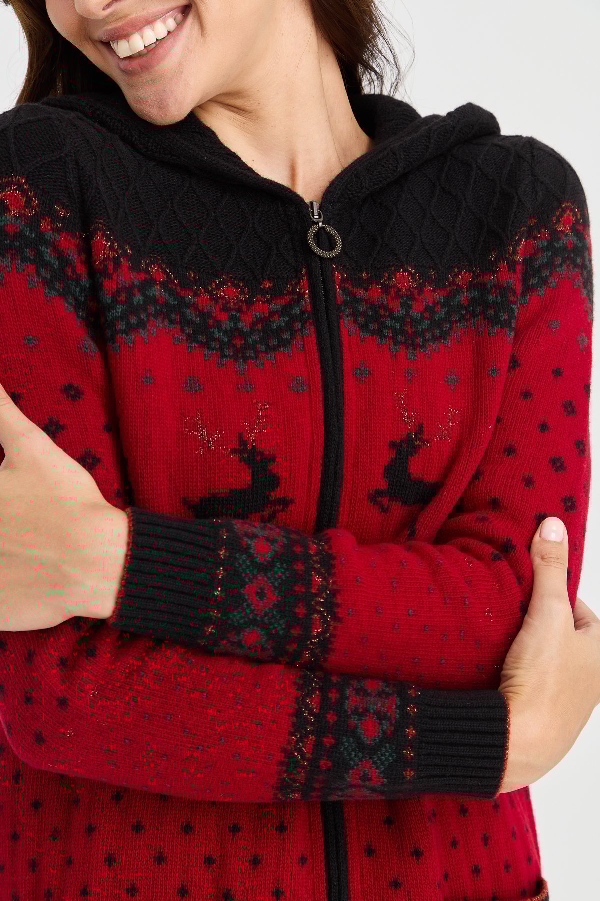 23221Kadın Kapüşonlu Geyik Desenli Yün Hırka Siyah