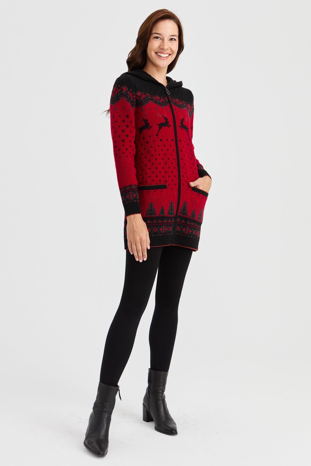 23221Kadın Kapüşonlu Geyik Desenli Yün Hırka Siyah