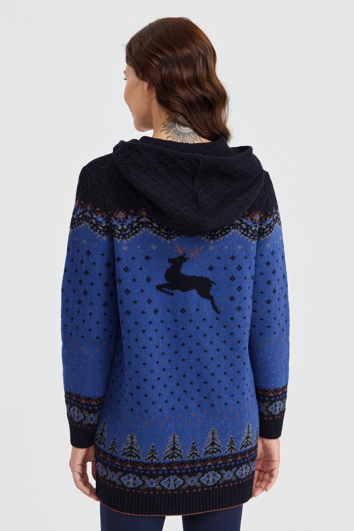 23221Kadın Kapüşonlu Geyik Desenli Yün Hırka K.Lacivert