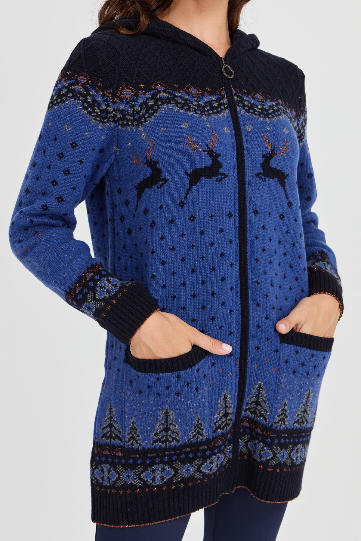 23221Kadın Kapüşonlu Geyik Desenli Yün Hırka K.Lacivert