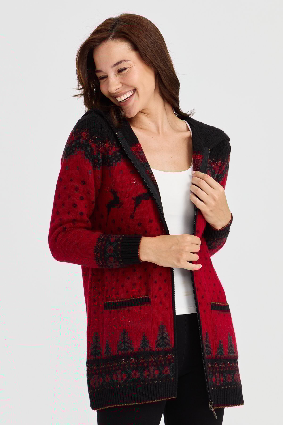 23221Kadın Kapüşonlu Geyik Desenli Yün Hırka Siyah