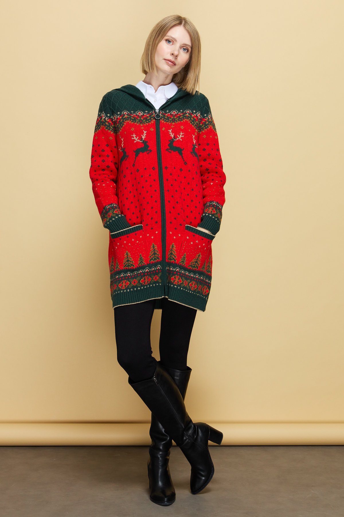 23221Kadın Kapüşonlu Geyik Desenli Yün Hırka Mercan