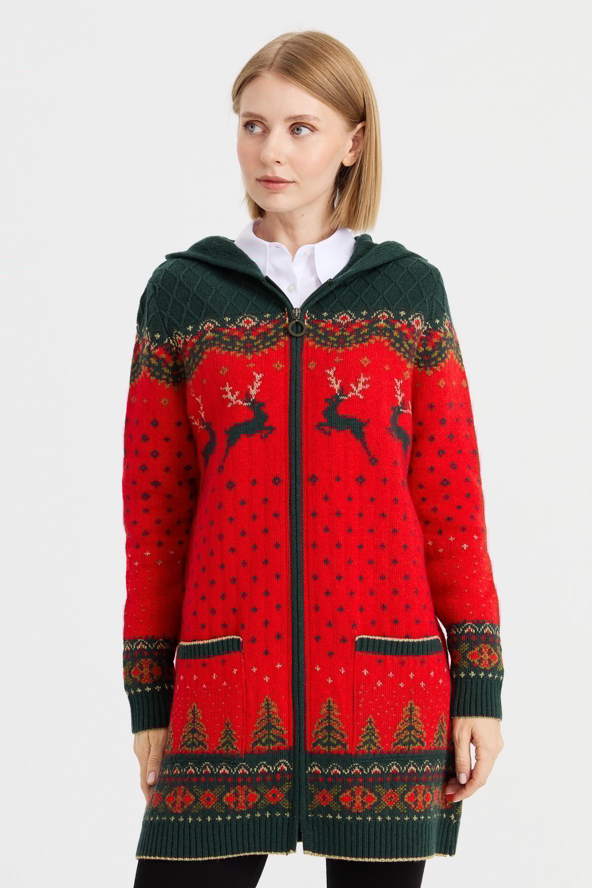 23221Kadın Kapüşonlu Geyik Desenli Yün Hırka Mercan