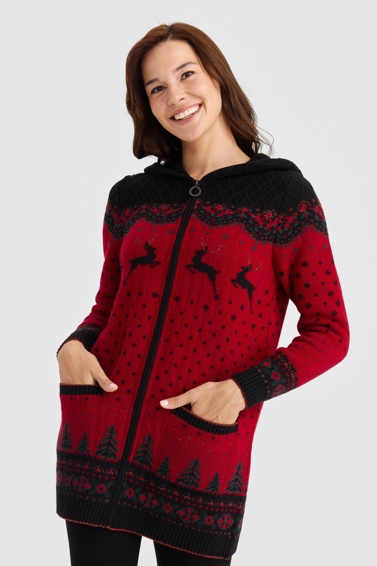 23221Kadın Kapüşonlu Geyik Desenli Yün Hırka Siyah