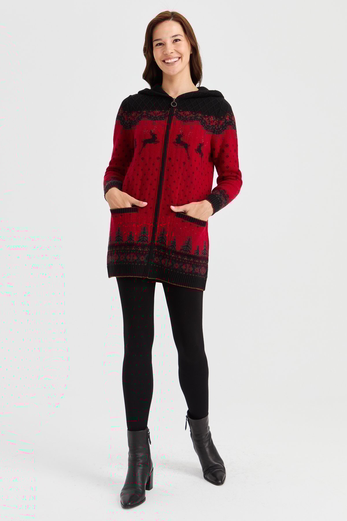 23221Kadın Kapüşonlu Geyik Desenli Yün Hırka Siyah