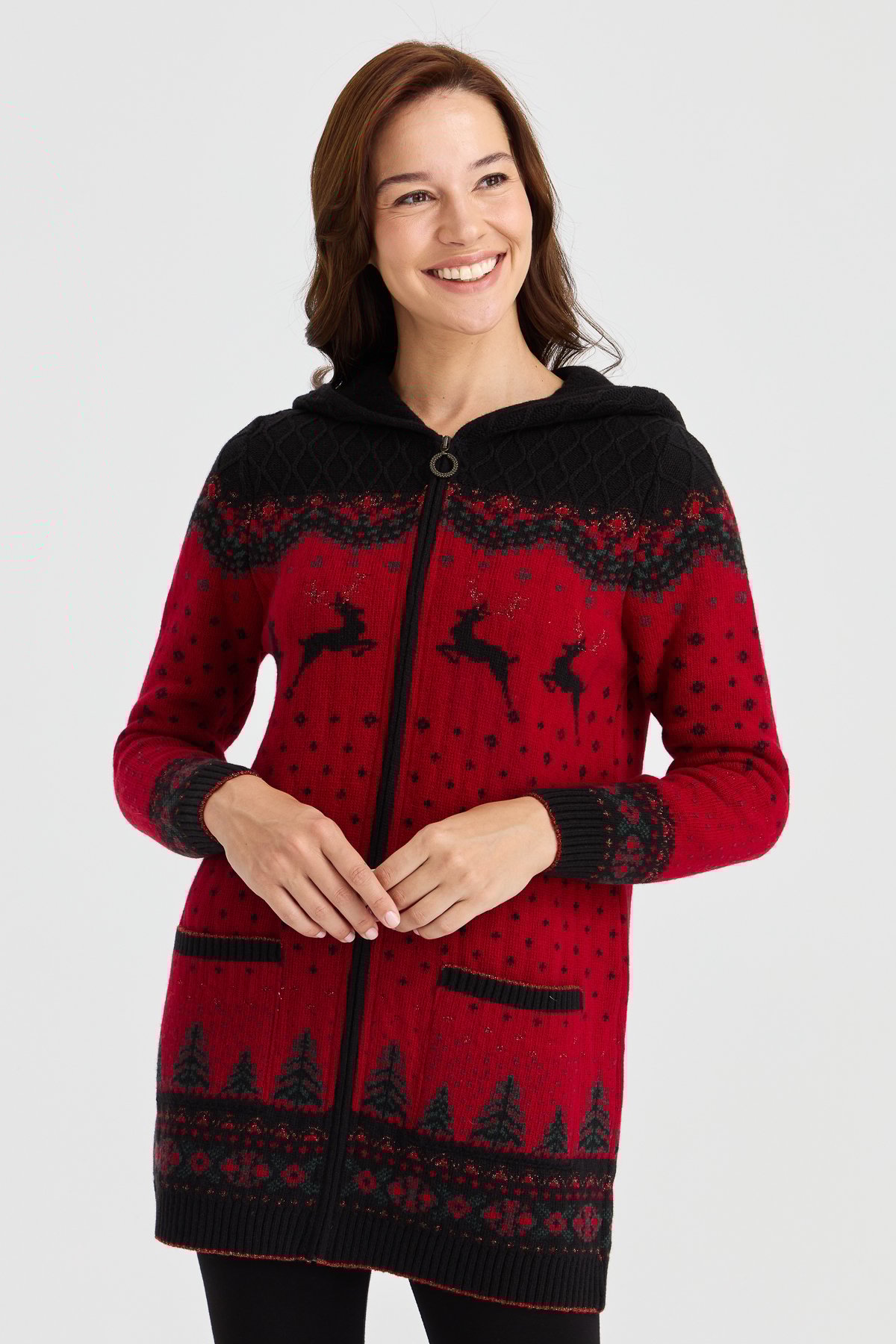 23221Kadın Kapüşonlu Geyik Desenli Yün Hırka Siyah