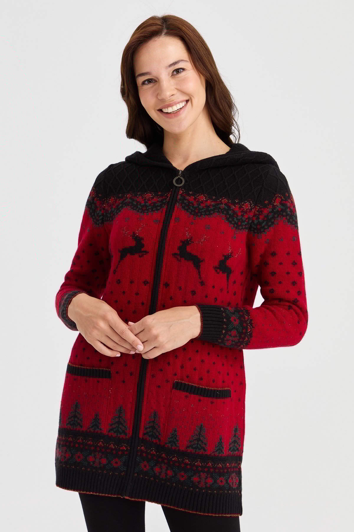 23221Kadın Kapüşonlu Geyik Desenli Yün Hırka Siyah