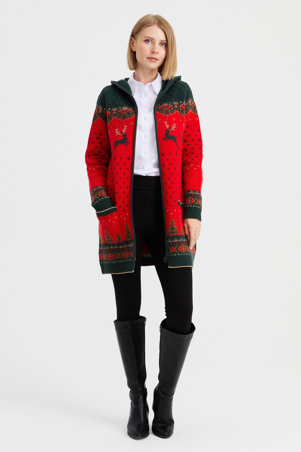 23221Kadın Kapüşonlu Geyik Desenli Yün Hırka Mercan