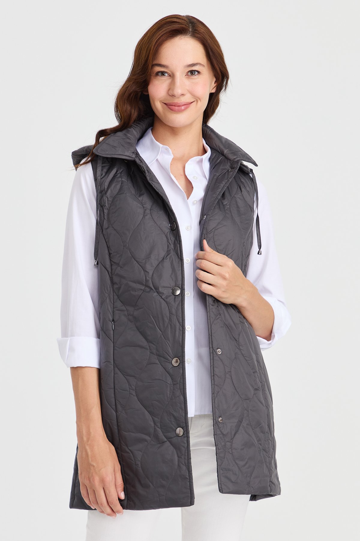 23406Kadın Kapüşonlu Kapitone Yelek Gri