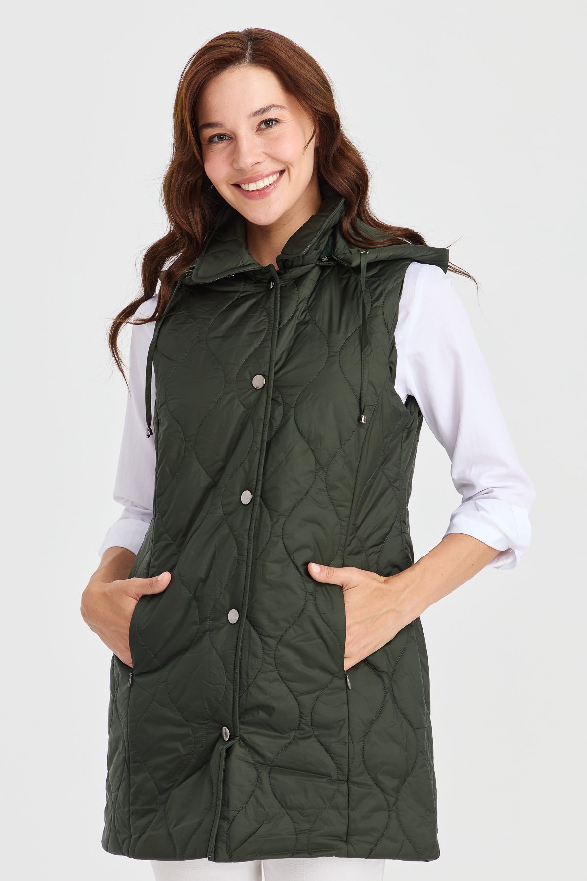 23406Kadın Kapüşonlu Kapitone Yelek Yeşil