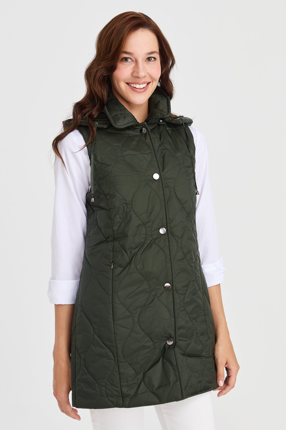 23406Kadın Kapüşonlu Kapitone Yelek Yeşil